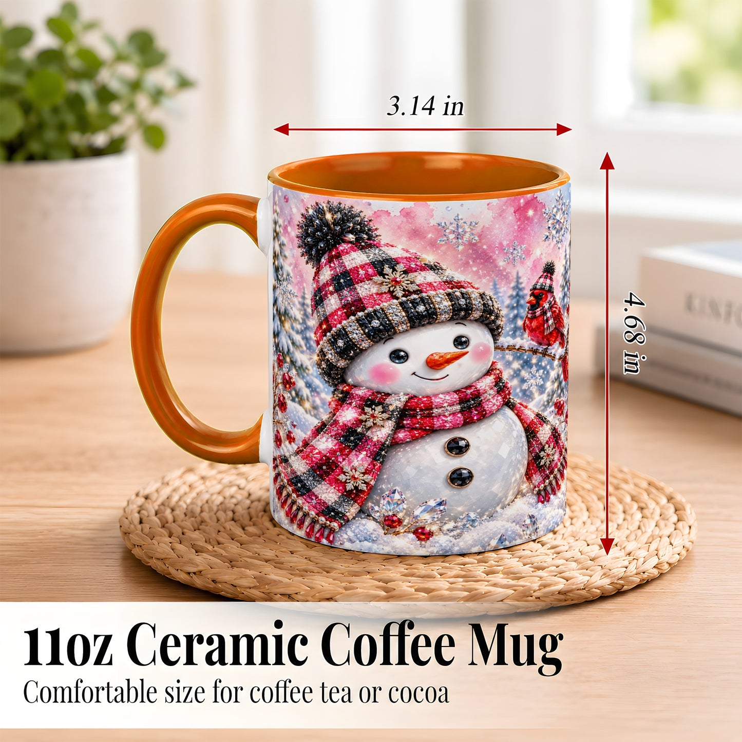 #pl[11oz|Orange] Jeweled Snowman Coffee Mug, Cardinal Plaid Winter Mug, Ceramic Cup