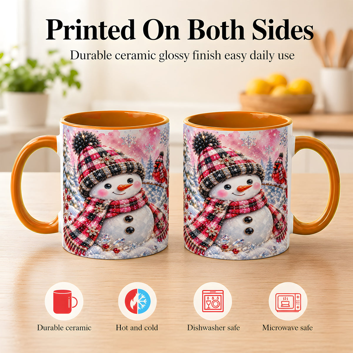 #pl[11oz|Orange] Jeweled Snowman Coffee Mug, Cardinal Plaid Winter Mug, Ceramic Cup