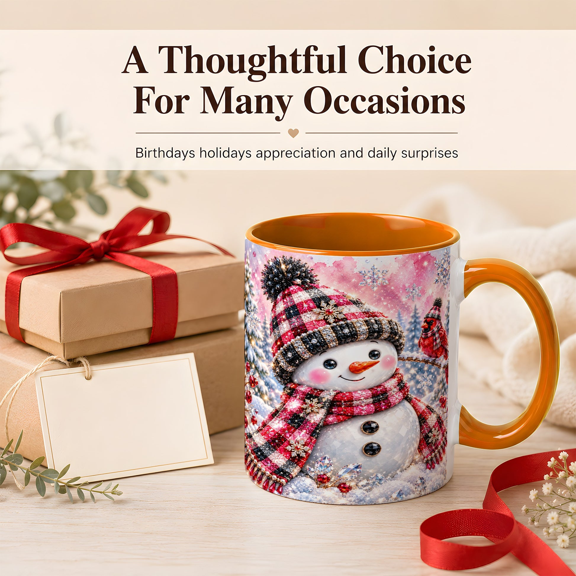 #pl[11oz|Orange] Jeweled Snowman Coffee Mug, Cardinal Plaid Winter Mug, Ceramic Cup