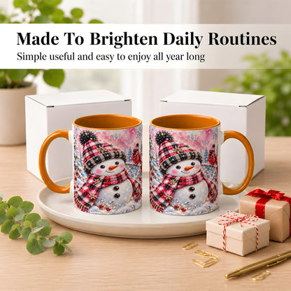 #pl[11oz|Orange] Jeweled Snowman Coffee Mug, Cardinal Plaid Winter Mug, Ceramic Cup