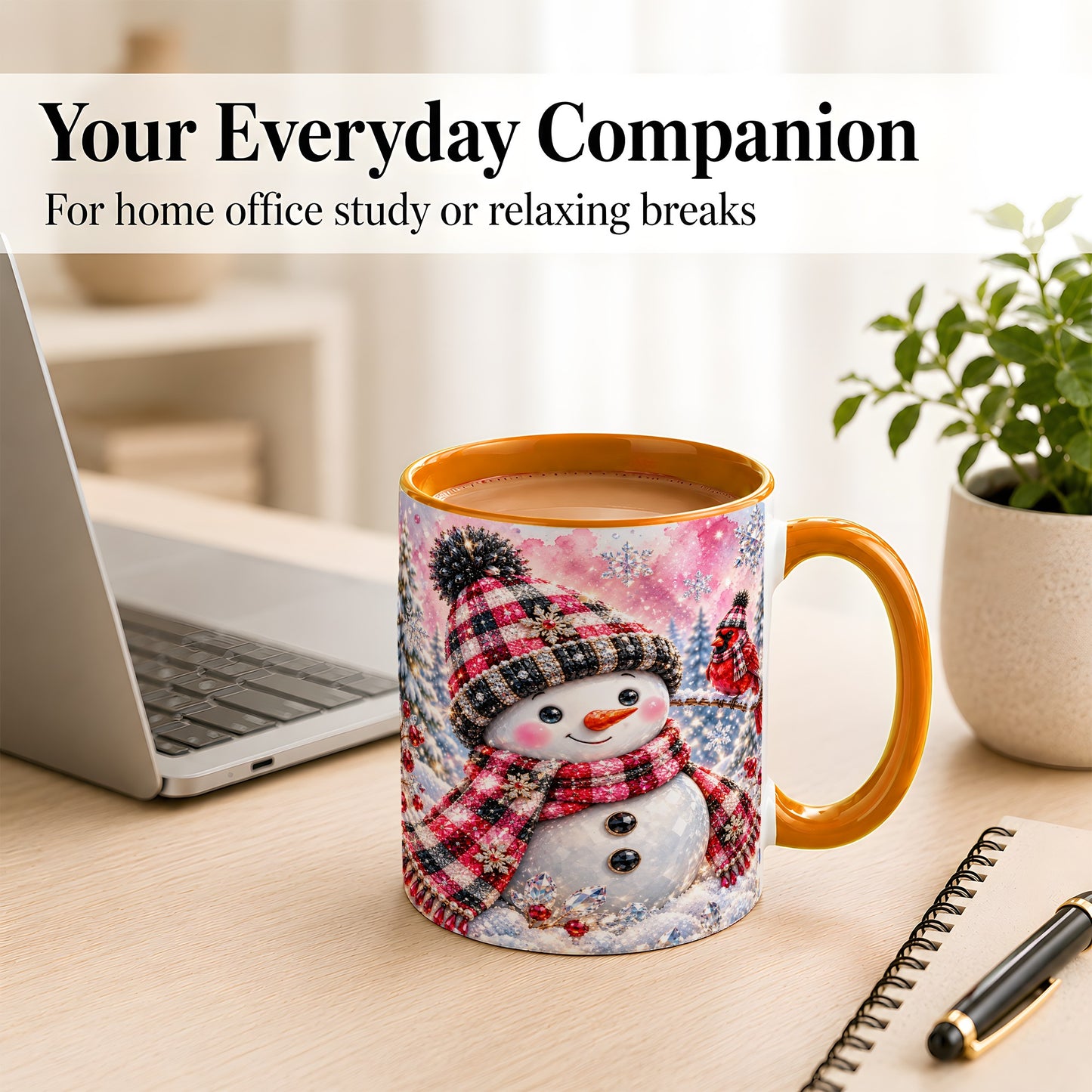 #pl[11oz|Orange] Jeweled Snowman Coffee Mug, Cardinal Plaid Winter Mug, Ceramic Cup