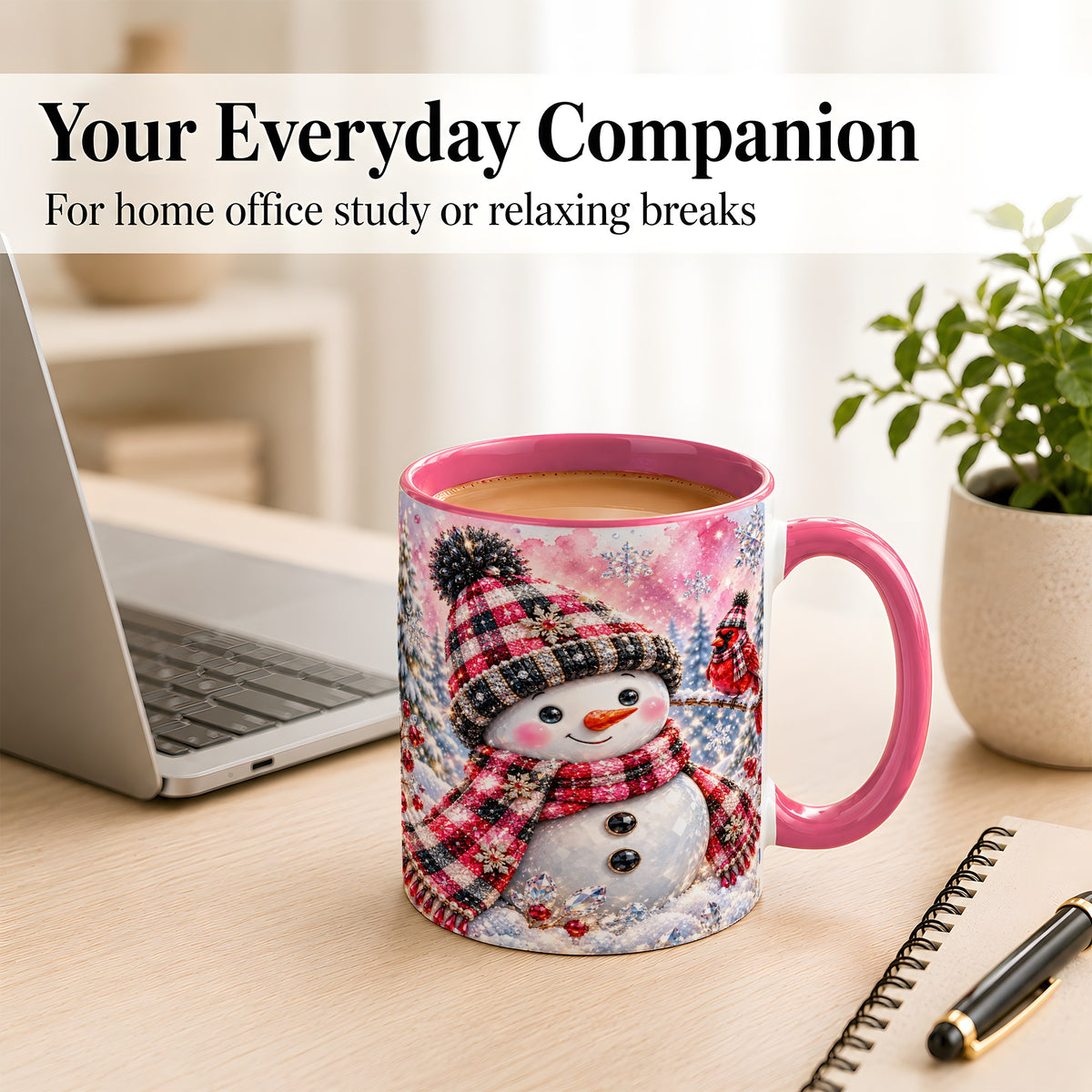 #pl[11oz|Pink] Jeweled Snowman Coffee Mug, Cardinal Plaid Winter Mug, Ceramic Cup