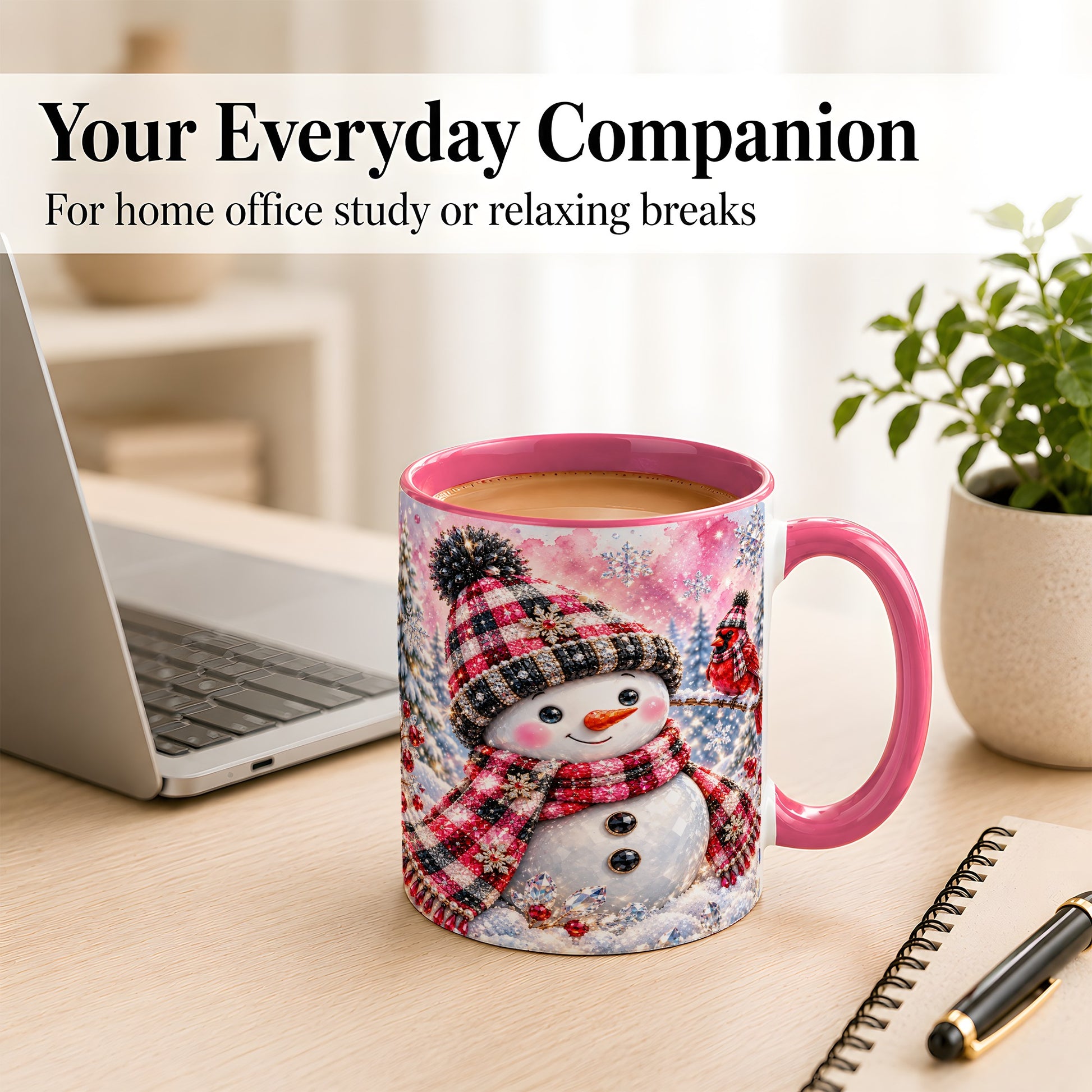 #pl[11oz|Pink] Jeweled Snowman Coffee Mug, Cardinal Plaid Winter Mug, Ceramic Cup