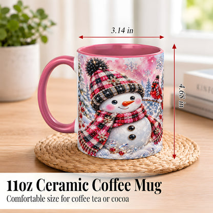 #pl[11oz|Pink] Jeweled Snowman Coffee Mug, Cardinal Plaid Winter Mug, Ceramic Cup