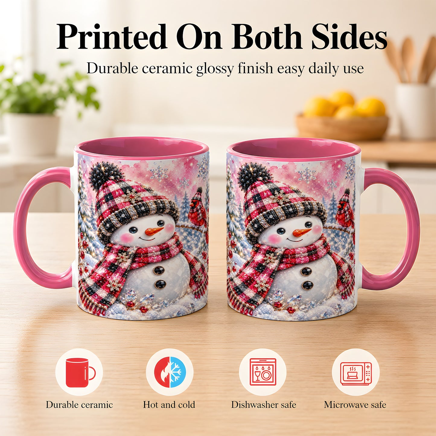 #pl[11oz|Pink] Jeweled Snowman Coffee Mug, Cardinal Plaid Winter Mug, Ceramic Cup