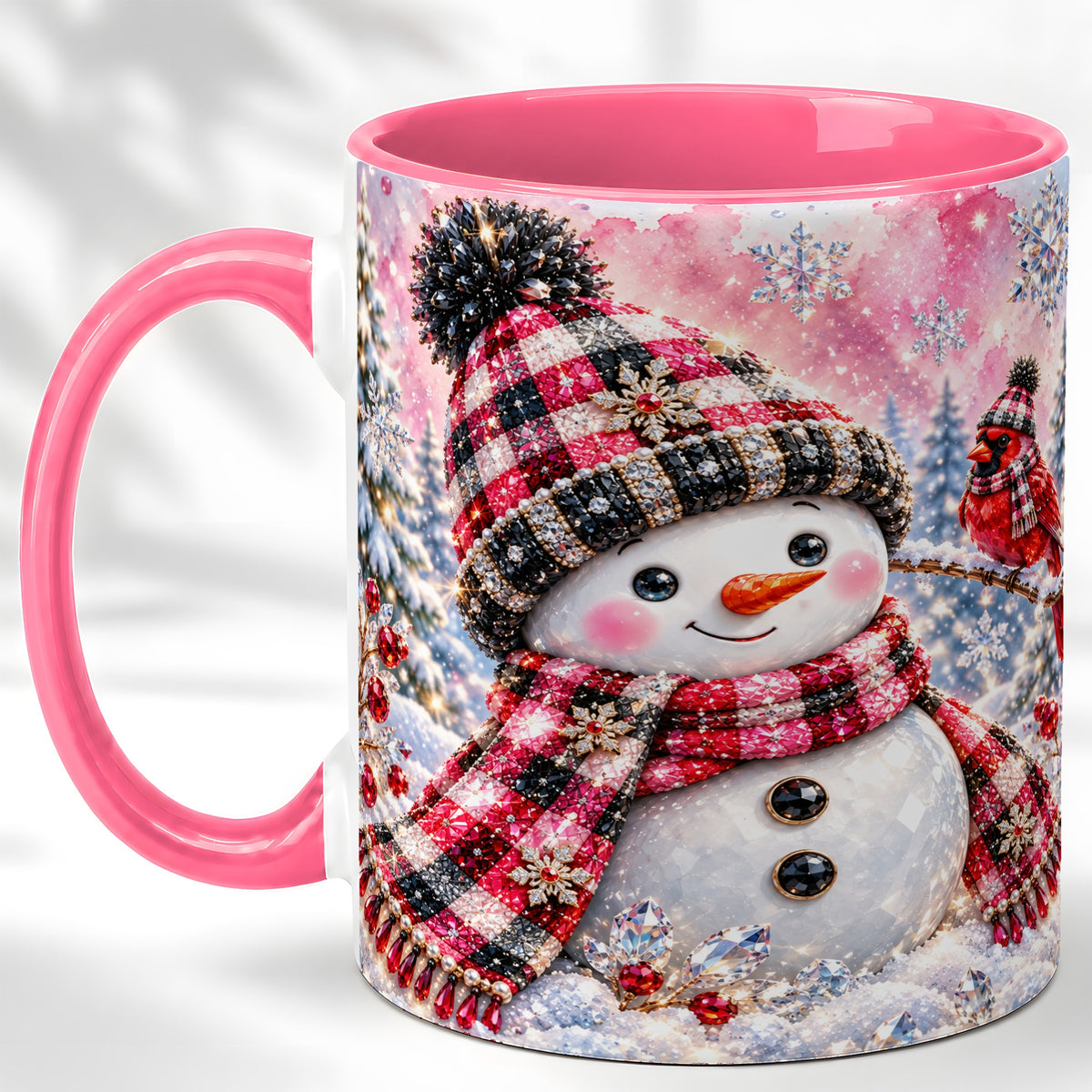 #pl[11oz|Pink] Jeweled Snowman Coffee Mug, Cardinal Plaid Winter Mug, Ceramic Cup