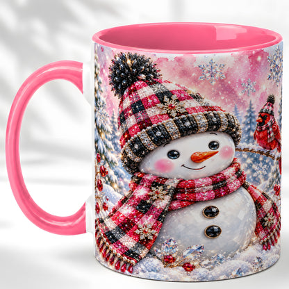 #pl[11oz|Pink] Jeweled Snowman Coffee Mug, Cardinal Plaid Winter Mug, Ceramic Cup