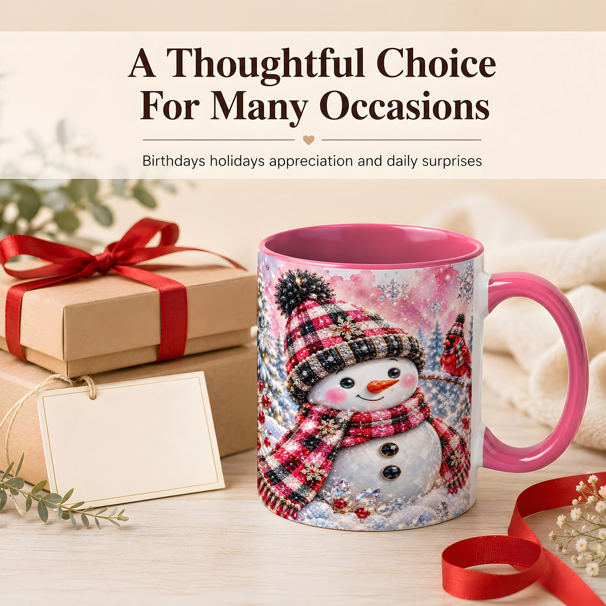 #pl[11oz|Pink] Jeweled Snowman Coffee Mug, Cardinal Plaid Winter Mug, Ceramic Cup