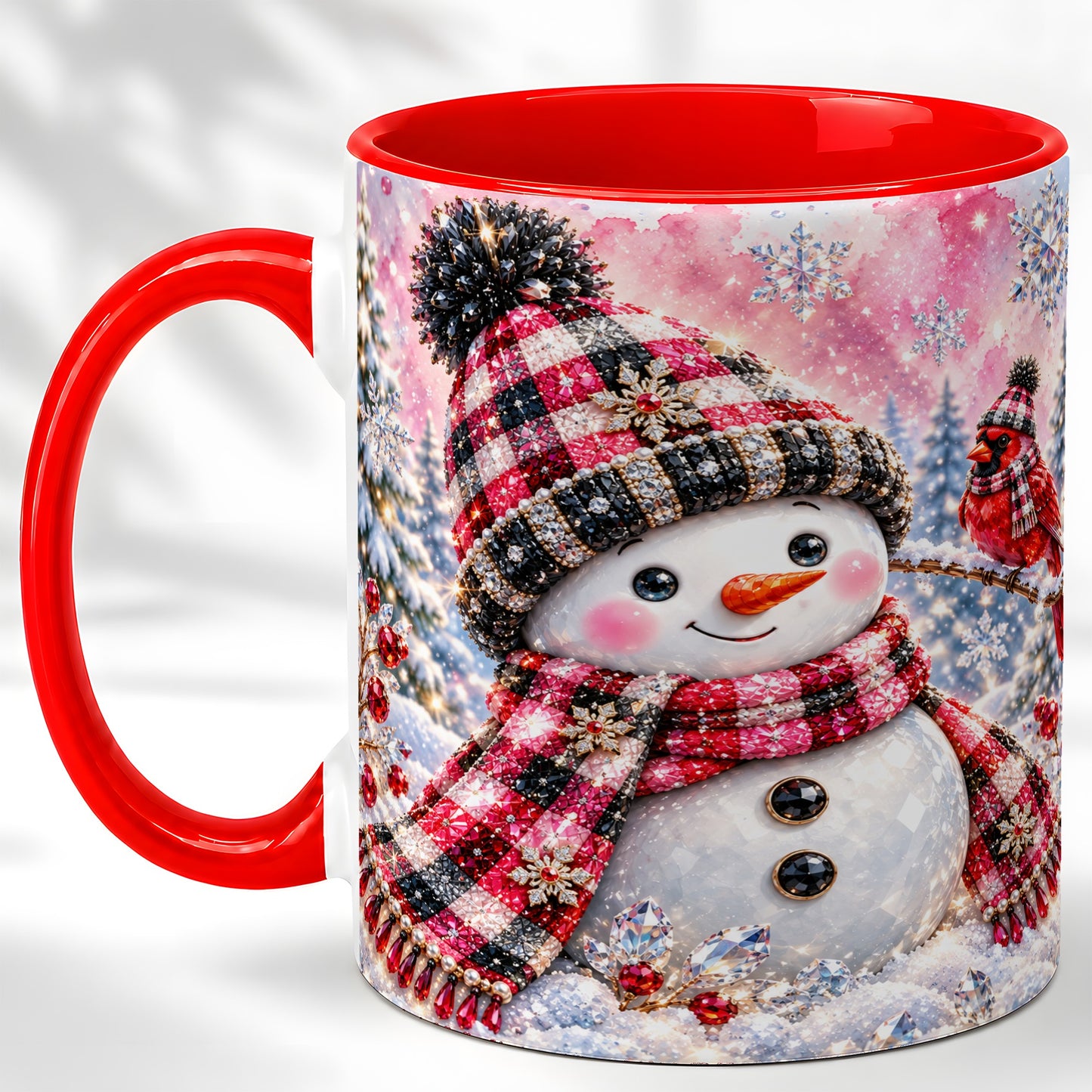 Jeweled Snowman Coffee Mug, Cardinal Plaid Winter Mug, Ceramic Cup