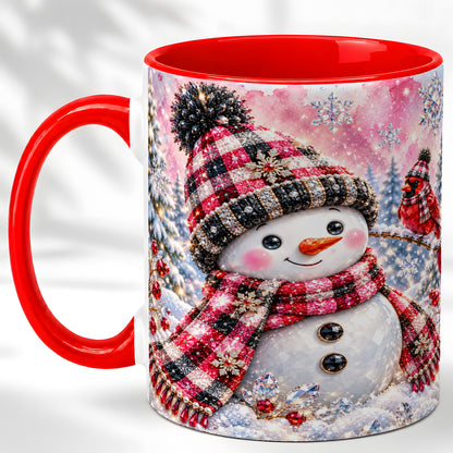 Jeweled Snowman Coffee Mug, Cardinal Plaid Winter Mug, Ceramic Cup