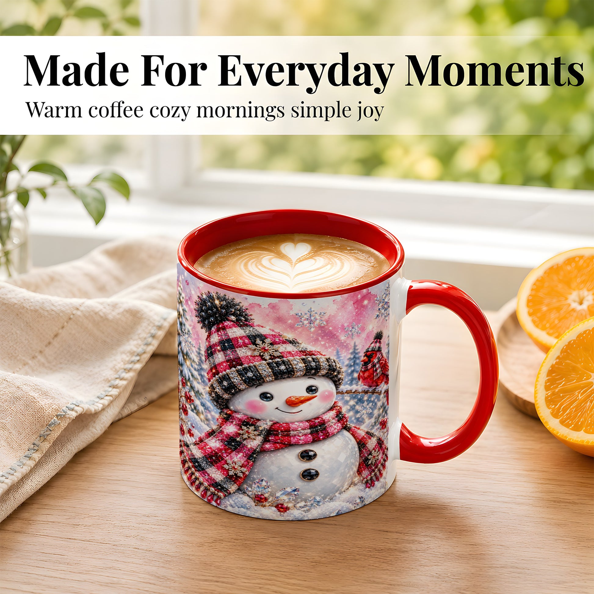 #pl[11oz|Red] Jeweled Snowman Coffee Mug, Cardinal Plaid Winter Mug, Ceramic Cup