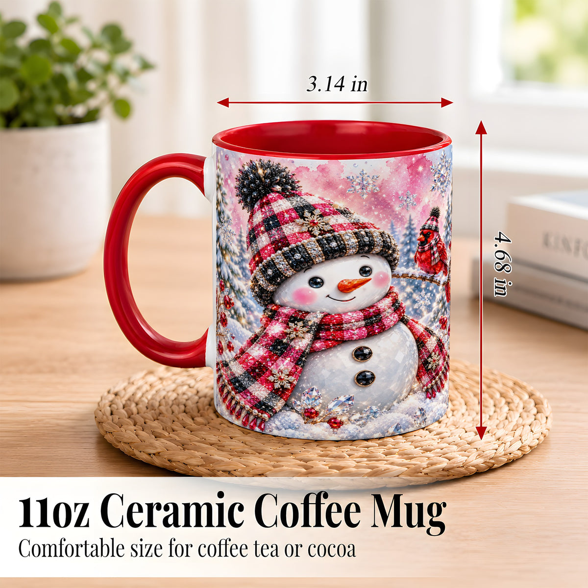 #pl[11oz|Red] Jeweled Snowman Coffee Mug, Cardinal Plaid Winter Mug, Ceramic Cup
