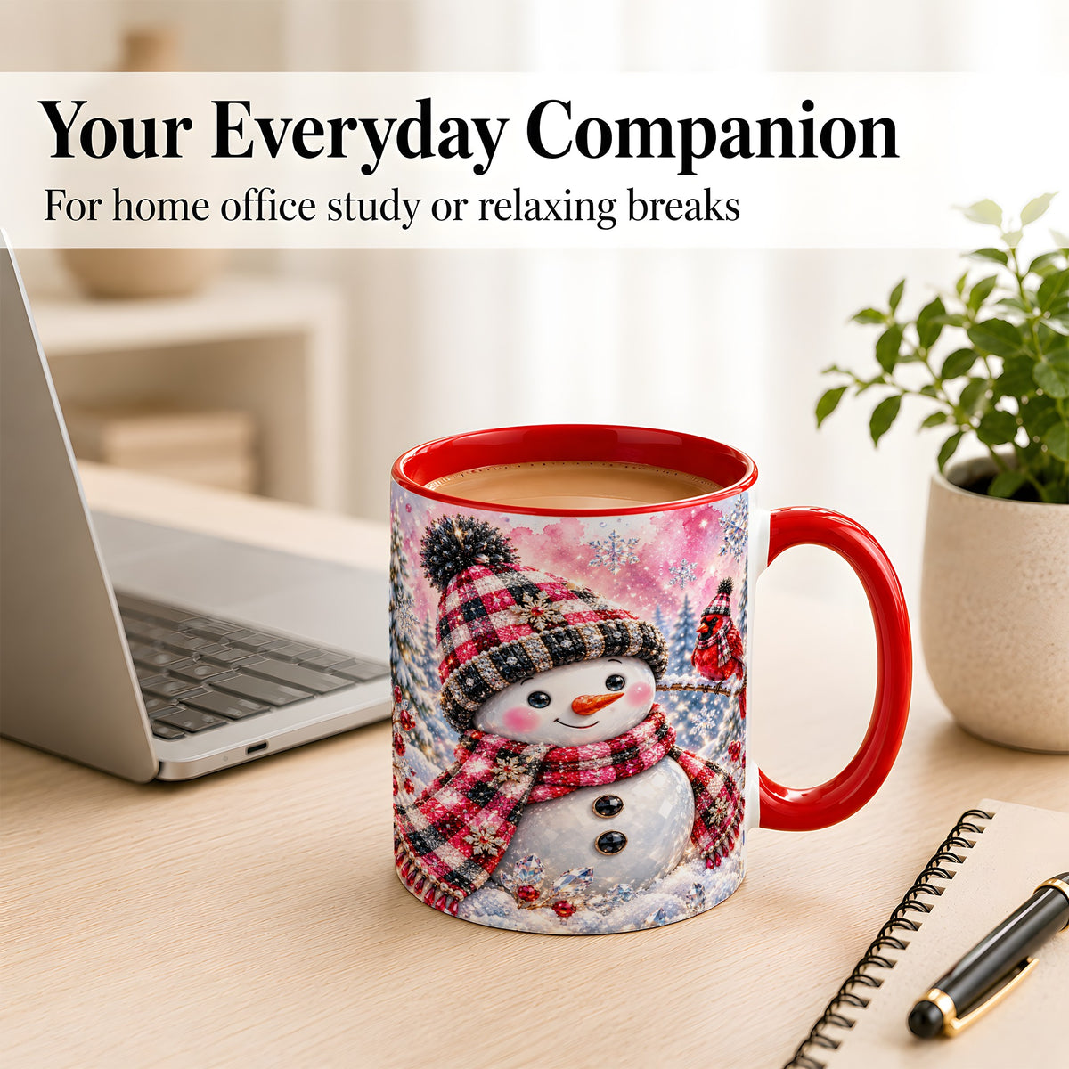 #pl[11oz|Red] Jeweled Snowman Coffee Mug, Cardinal Plaid Winter Mug, Ceramic Cup