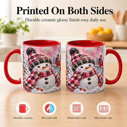 #pl[11oz|Red] Jeweled Snowman Coffee Mug, Cardinal Plaid Winter Mug, Ceramic Cup