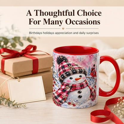 #pl[11oz|Red] Jeweled Snowman Coffee Mug, Cardinal Plaid Winter Mug, Ceramic Cup