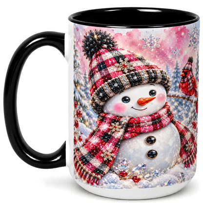 #pl[15oz|Black] Jeweled Snowman Coffee Mug, Cardinal Plaid Winter Mug, Ceramic Cup