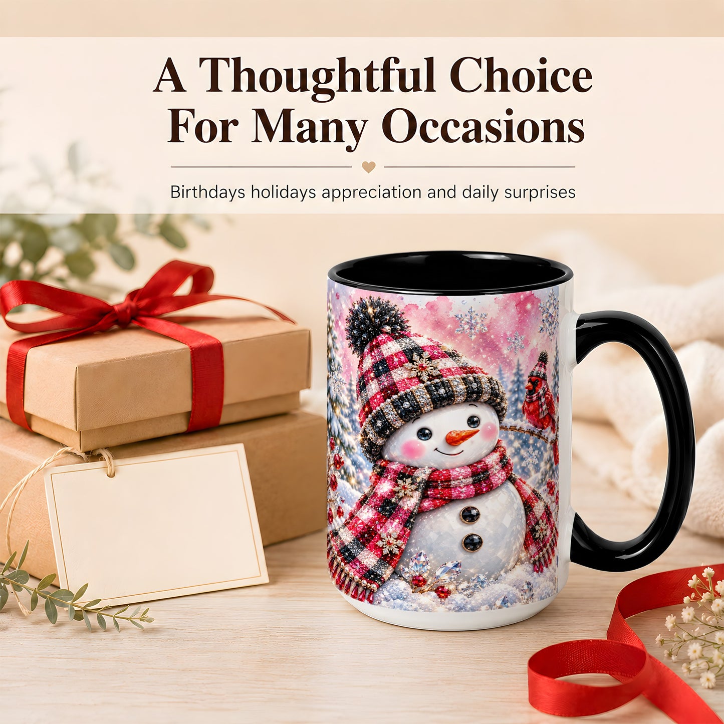 #pl[15oz|Black] Jeweled Snowman Coffee Mug, Cardinal Plaid Winter Mug, Ceramic Cup