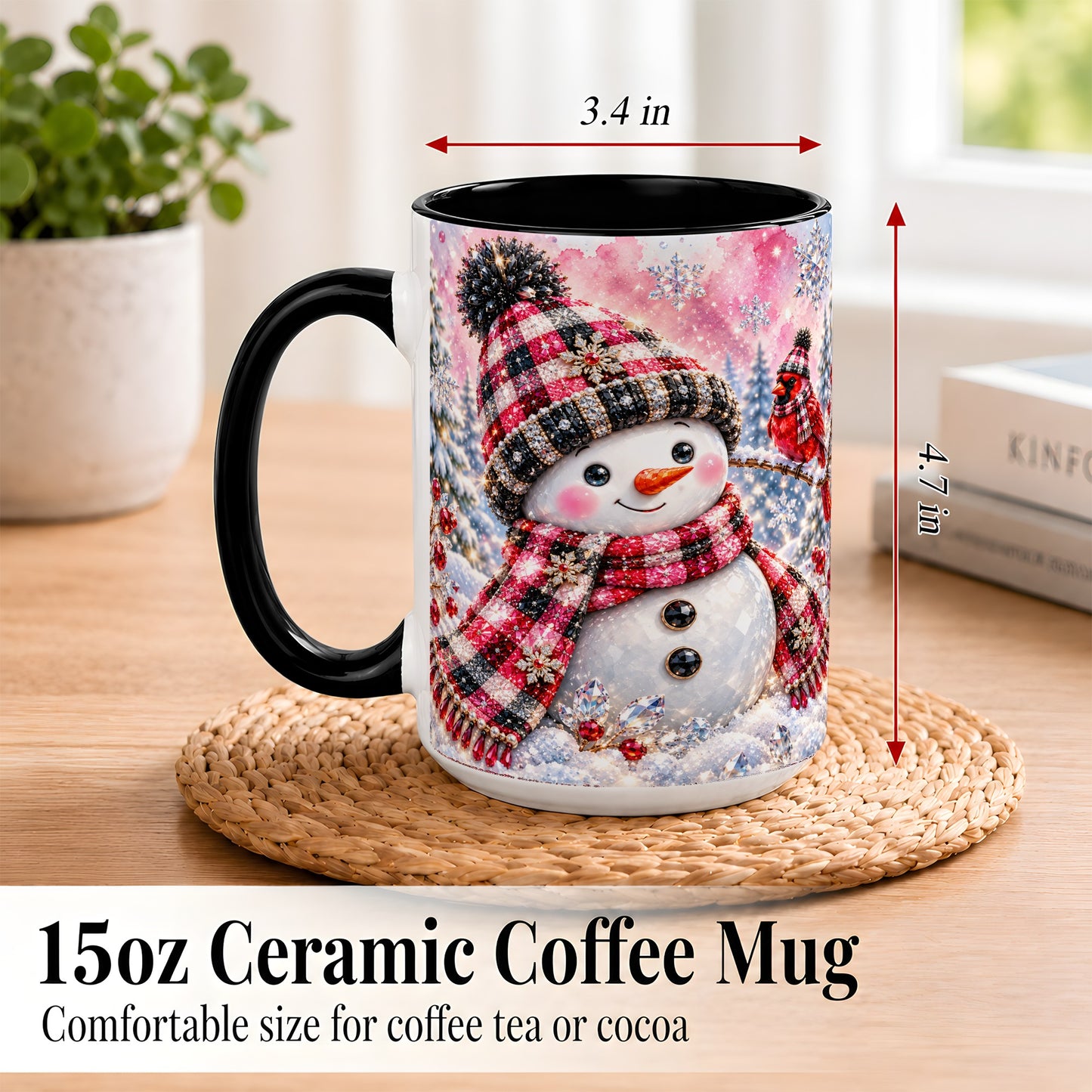 #pl[15oz|Black] Jeweled Snowman Coffee Mug, Cardinal Plaid Winter Mug, Ceramic Cup