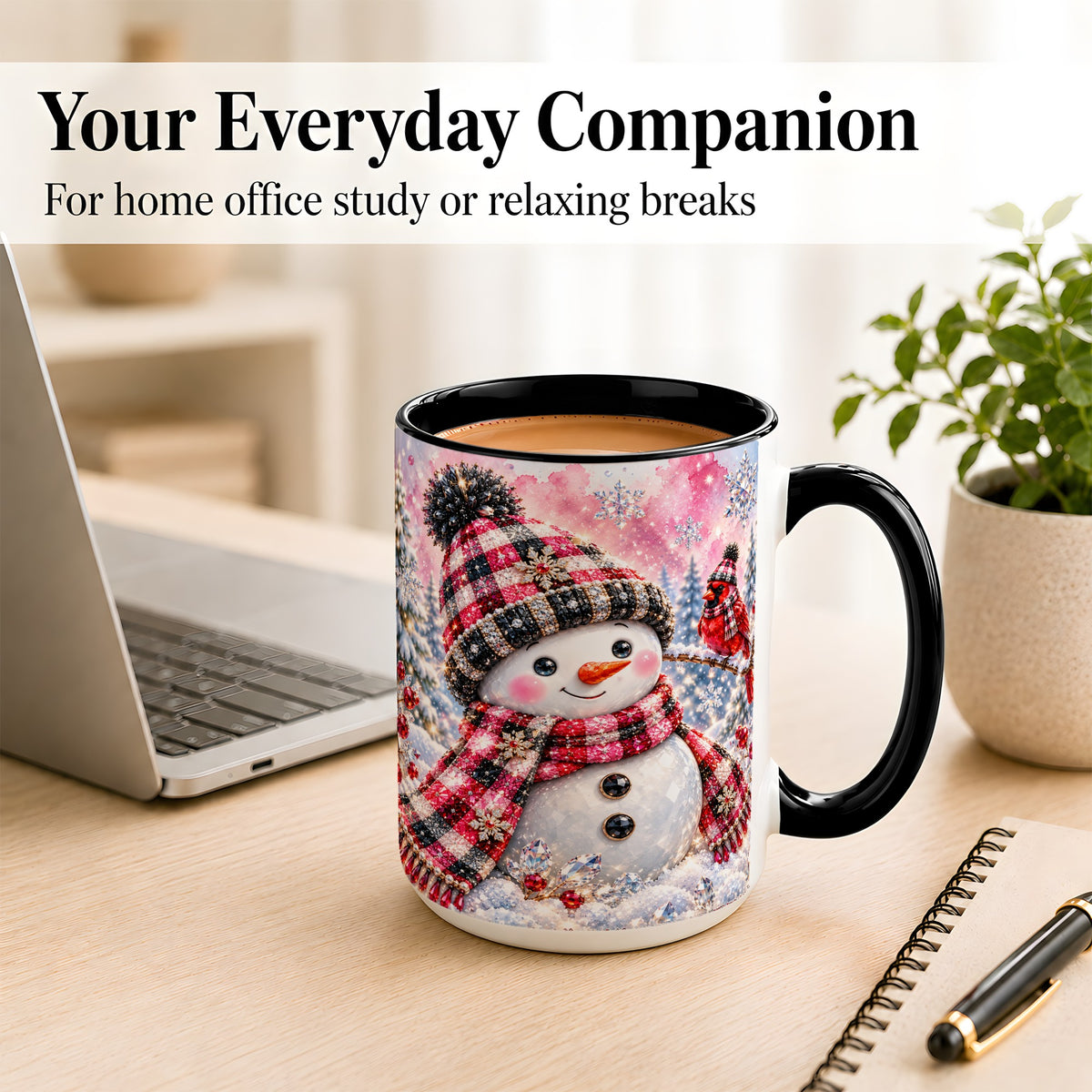 #pl[15oz|Black] Jeweled Snowman Coffee Mug, Cardinal Plaid Winter Mug, Ceramic Cup