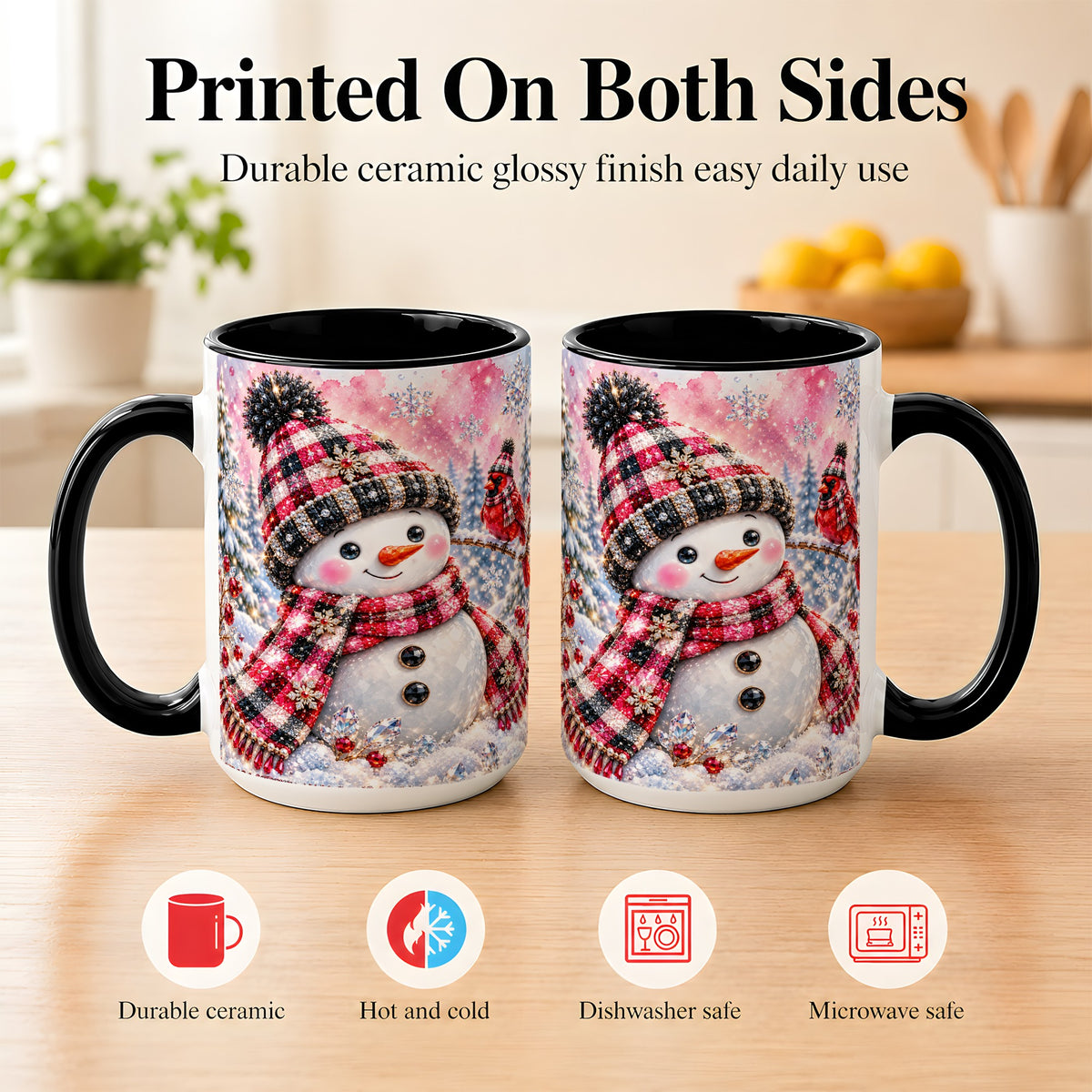 #pl[15oz|Black] Jeweled Snowman Coffee Mug, Cardinal Plaid Winter Mug, Ceramic Cup