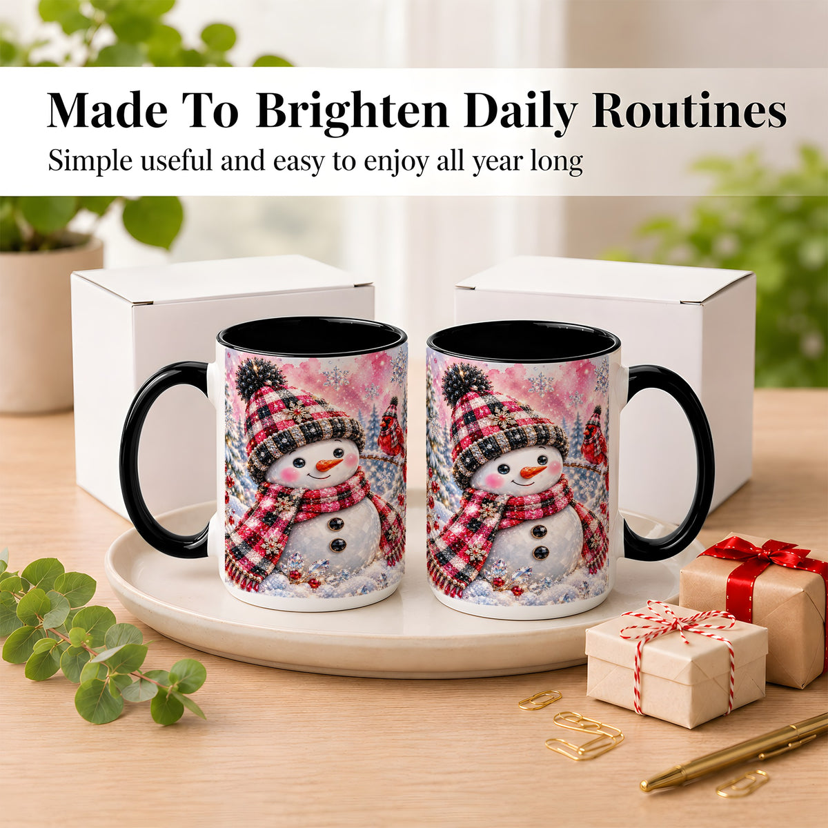#pl[15oz|Black] Jeweled Snowman Coffee Mug, Cardinal Plaid Winter Mug, Ceramic Cup