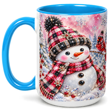 #pl[15oz|Blue] Jeweled Snowman Coffee Mug, Cardinal Plaid Winter Mug, Ceramic Cup
