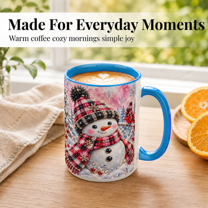 #pl[15oz|Blue] Jeweled Snowman Coffee Mug, Cardinal Plaid Winter Mug, Ceramic Cup