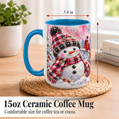 #pl[15oz|Blue] Jeweled Snowman Coffee Mug, Cardinal Plaid Winter Mug, Ceramic Cup