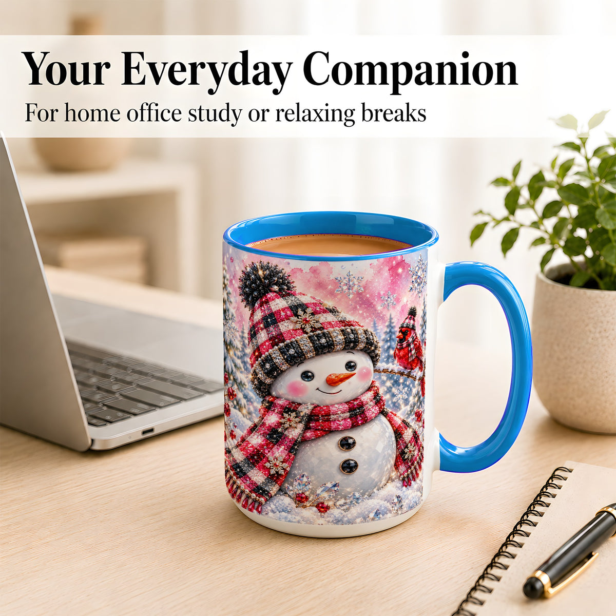 #pl[15oz|Blue] Jeweled Snowman Coffee Mug, Cardinal Plaid Winter Mug, Ceramic Cup