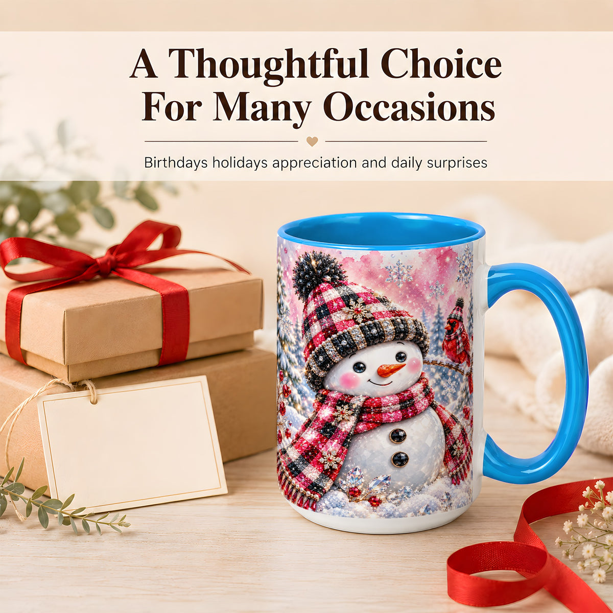 #pl[15oz|Blue] Jeweled Snowman Coffee Mug, Cardinal Plaid Winter Mug, Ceramic Cup