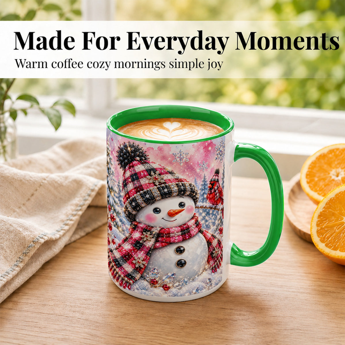 #pl[15oz|Green] Jeweled Snowman Coffee Mug, Cardinal Plaid Winter Mug, Ceramic Cup