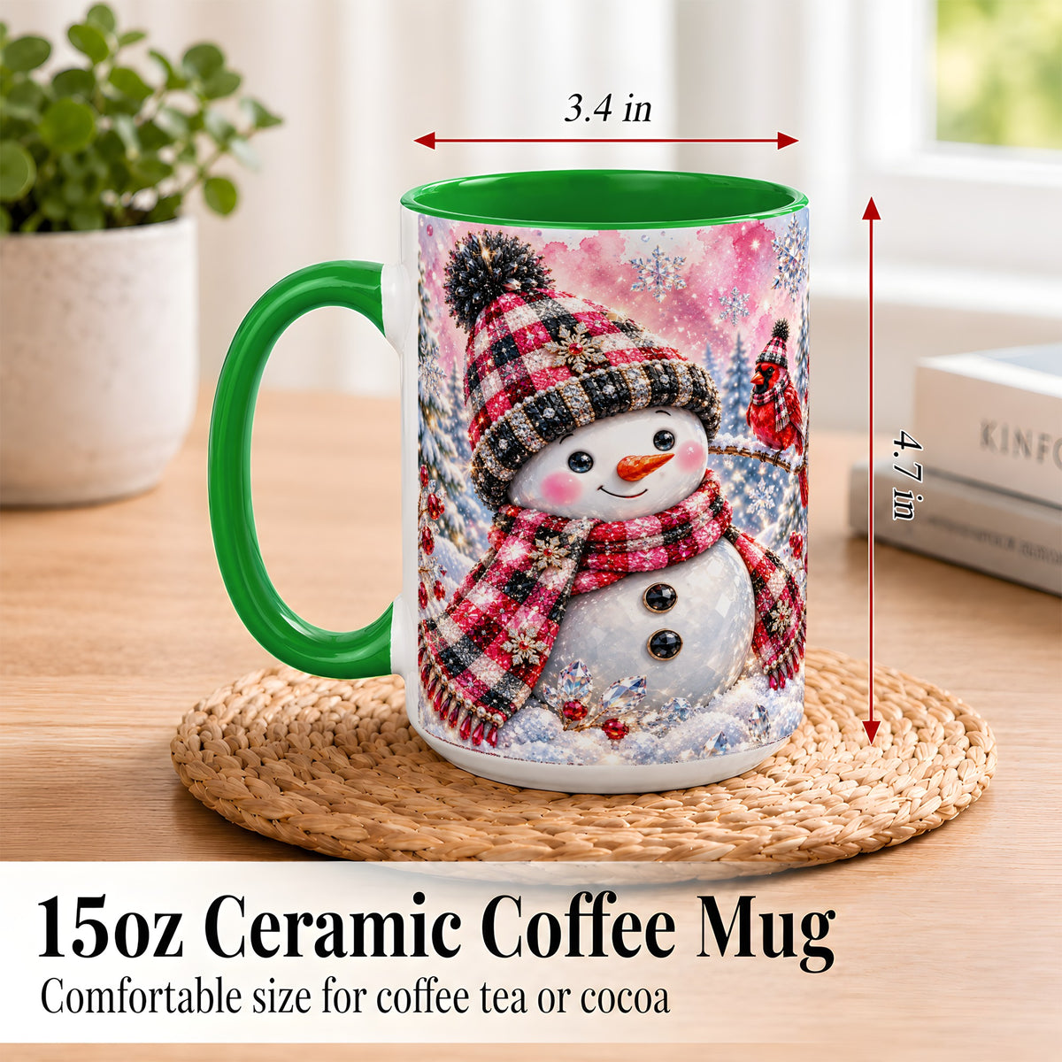 #pl[15oz|Green] Jeweled Snowman Coffee Mug, Cardinal Plaid Winter Mug, Ceramic Cup