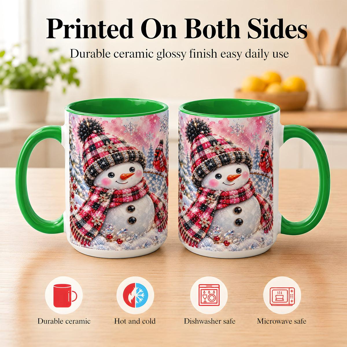 #pl[15oz|Green] Jeweled Snowman Coffee Mug, Cardinal Plaid Winter Mug, Ceramic Cup