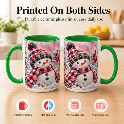 #pl[15oz|Green] Jeweled Snowman Coffee Mug, Cardinal Plaid Winter Mug, Ceramic Cup