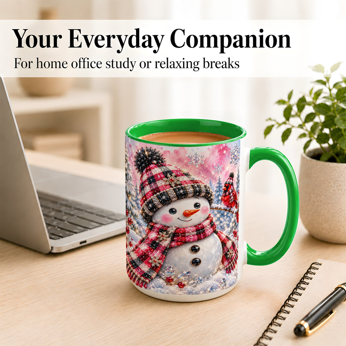 #pl[15oz|Green] Jeweled Snowman Coffee Mug, Cardinal Plaid Winter Mug, Ceramic Cup