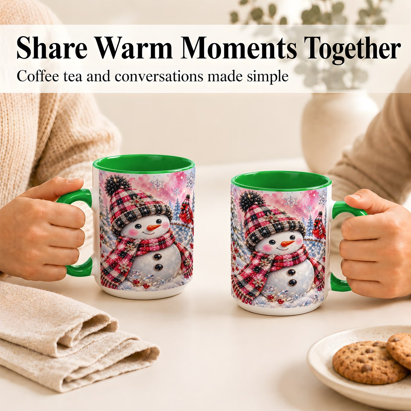 #pl[15oz|Green] Jeweled Snowman Coffee Mug, Cardinal Plaid Winter Mug, Ceramic Cup