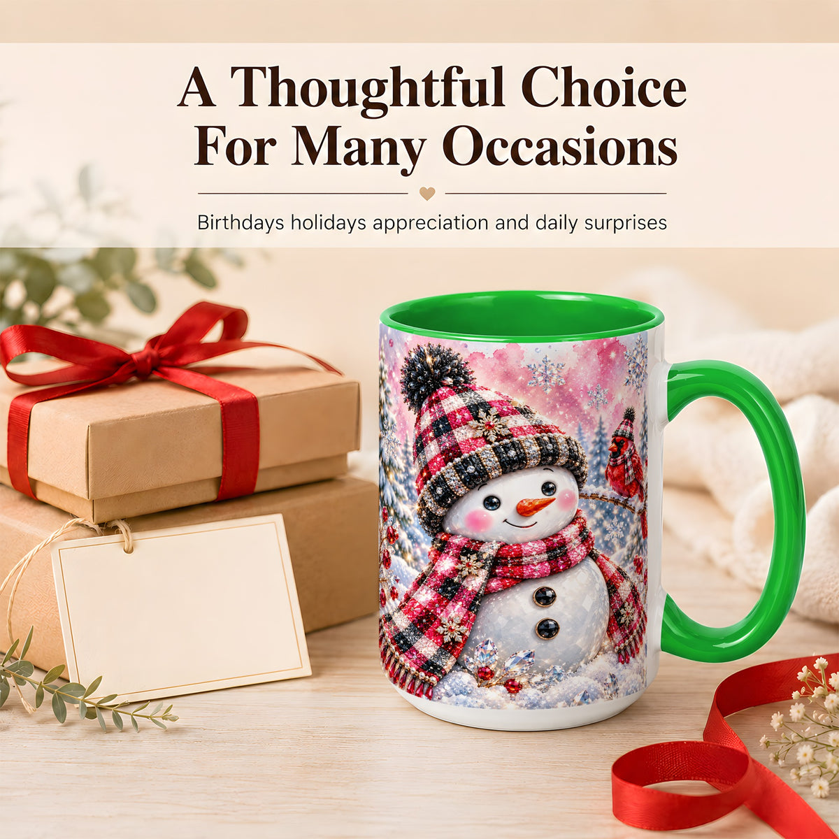 #pl[15oz|Green] Jeweled Snowman Coffee Mug, Cardinal Plaid Winter Mug, Ceramic Cup