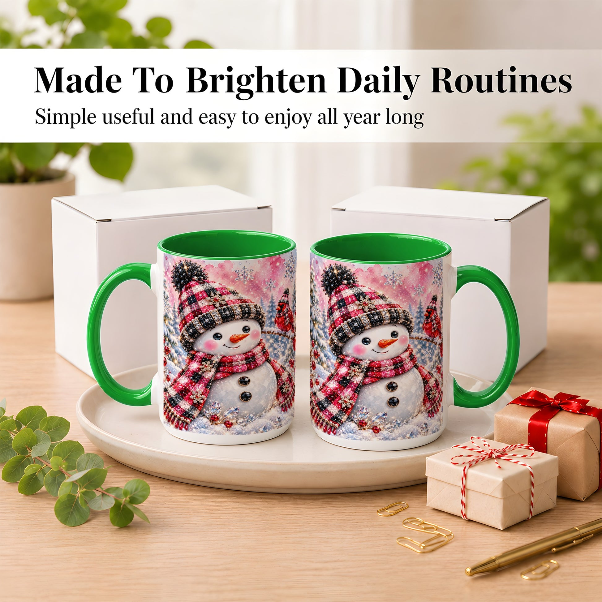 #pl[15oz|Green] Jeweled Snowman Coffee Mug, Cardinal Plaid Winter Mug, Ceramic Cup