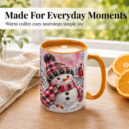 #pl[15oz|Orange] Jeweled Snowman Coffee Mug, Cardinal Plaid Winter Mug, Ceramic Cup