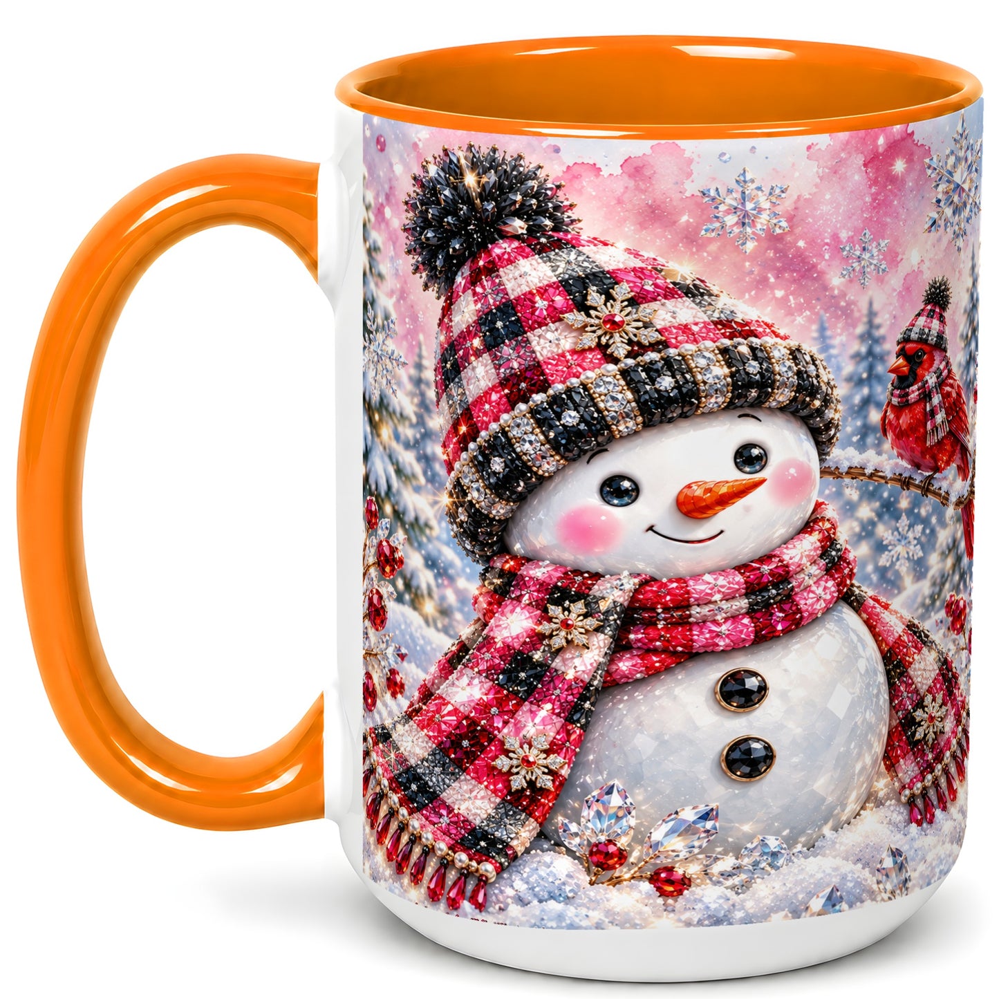 #pl[15oz|Orange] Jeweled Snowman Coffee Mug, Cardinal Plaid Winter Mug, Ceramic Cup