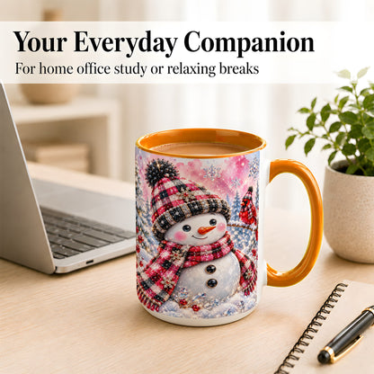 #pl[15oz|Orange] Jeweled Snowman Coffee Mug, Cardinal Plaid Winter Mug, Ceramic Cup