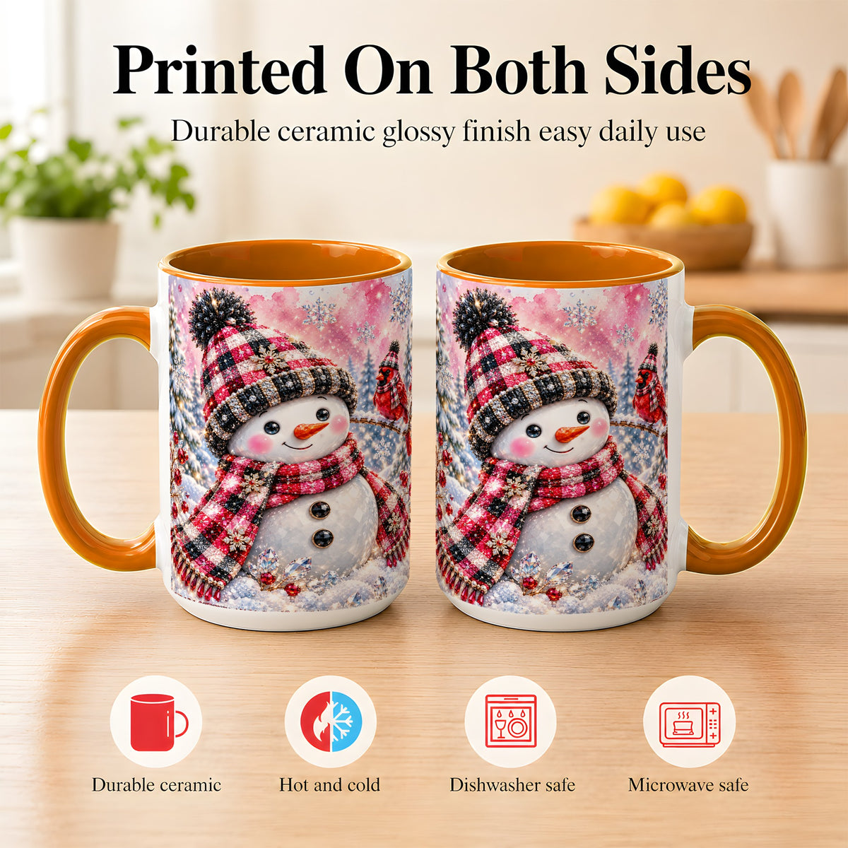 #pl[15oz|Orange] Jeweled Snowman Coffee Mug, Cardinal Plaid Winter Mug, Ceramic Cup