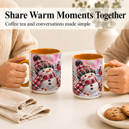 #pl[15oz|Orange] Jeweled Snowman Coffee Mug, Cardinal Plaid Winter Mug, Ceramic Cup