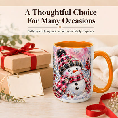 #pl[15oz|Orange] Jeweled Snowman Coffee Mug, Cardinal Plaid Winter Mug, Ceramic Cup