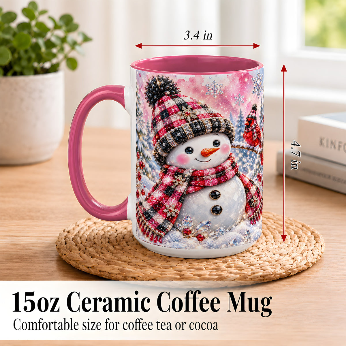 #pl[15oz|Pink] Jeweled Snowman Coffee Mug, Cardinal Plaid Winter Mug, Ceramic Cup