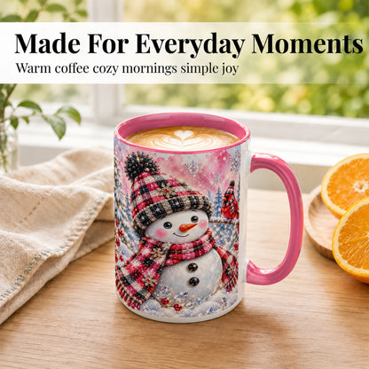 #pl[15oz|Pink] Jeweled Snowman Coffee Mug, Cardinal Plaid Winter Mug, Ceramic Cup
