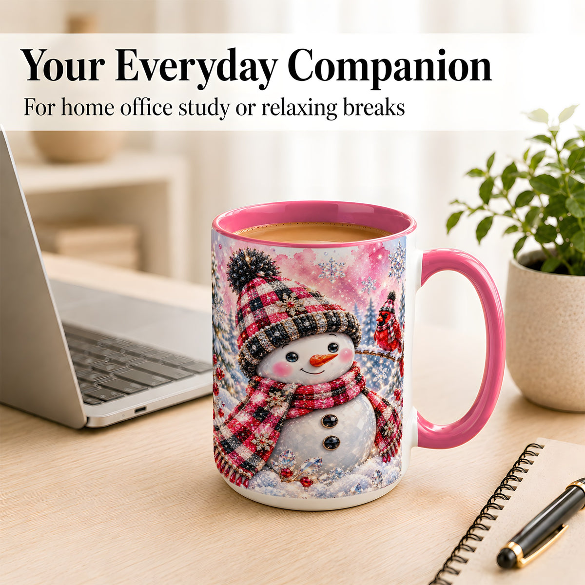 #pl[15oz|Pink] Jeweled Snowman Coffee Mug, Cardinal Plaid Winter Mug, Ceramic Cup