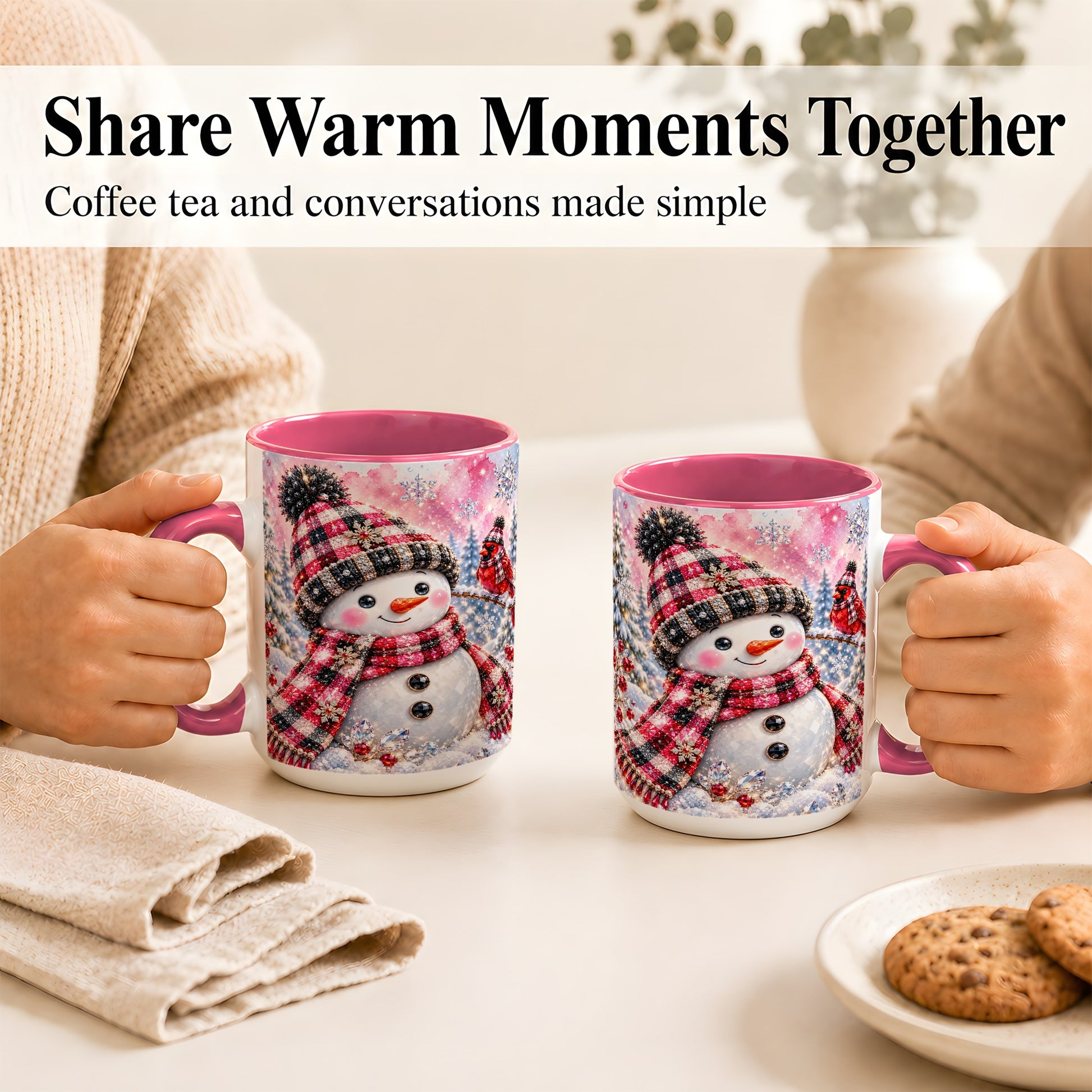 #pl[15oz|Pink] Jeweled Snowman Coffee Mug, Cardinal Plaid Winter Mug, Ceramic Cup