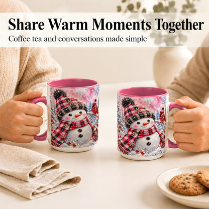 #pl[15oz|Pink] Jeweled Snowman Coffee Mug, Cardinal Plaid Winter Mug, Ceramic Cup