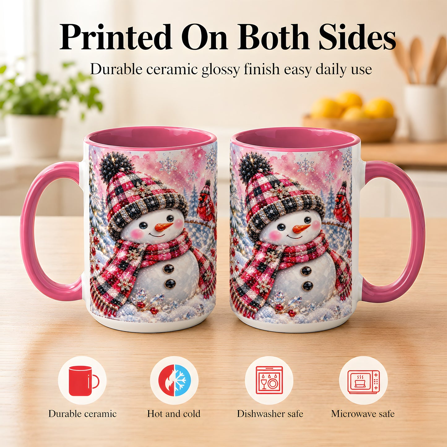 #pl[15oz|Pink] Jeweled Snowman Coffee Mug, Cardinal Plaid Winter Mug, Ceramic Cup